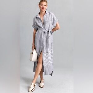 Anthropologie | Maeve Short-Sleeve Chambray Stripe Embroidered Midi Shirt Dress